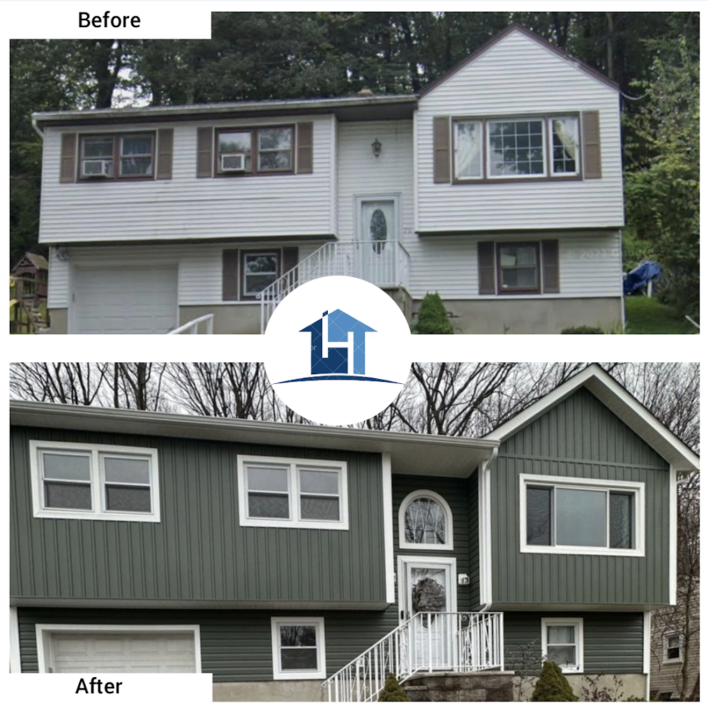 After — bi-level with dark green siding, white trim, and arched window accent