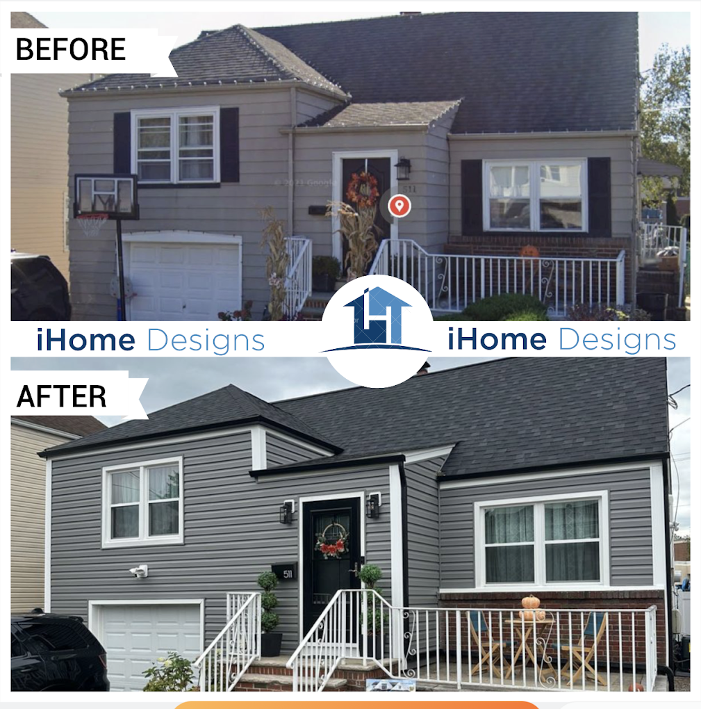 After — Cape Cod with new dark gray siding, white trim, and black roof