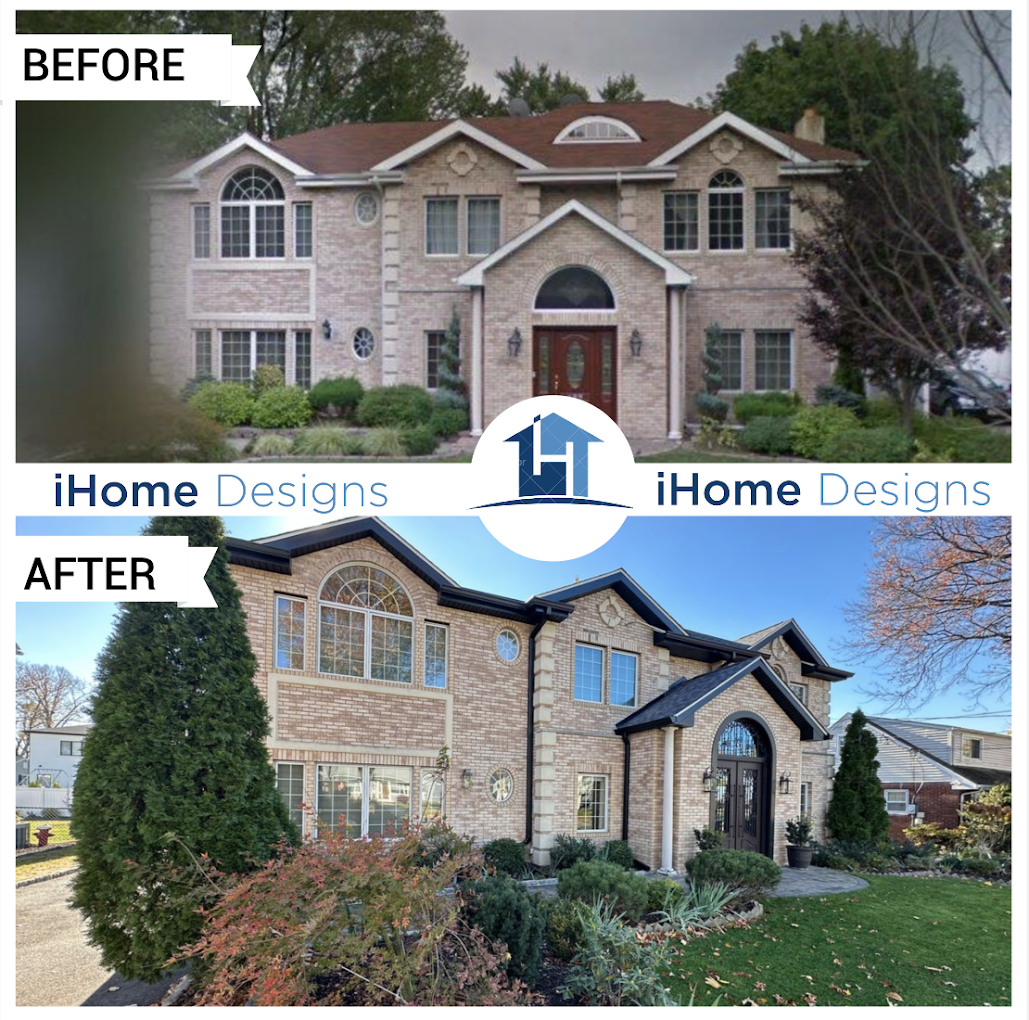 After — brick colonial estate with new black architectural roof and updated trim