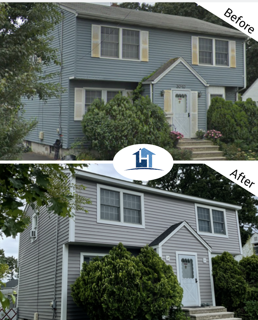 After — colonial with new heather gray siding and updated trim