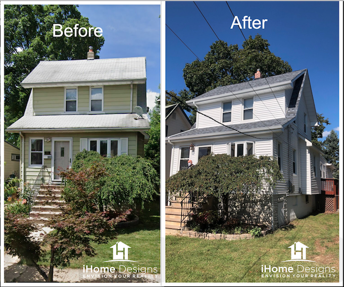 After — colonial with crisp white siding and new gray architectural roof