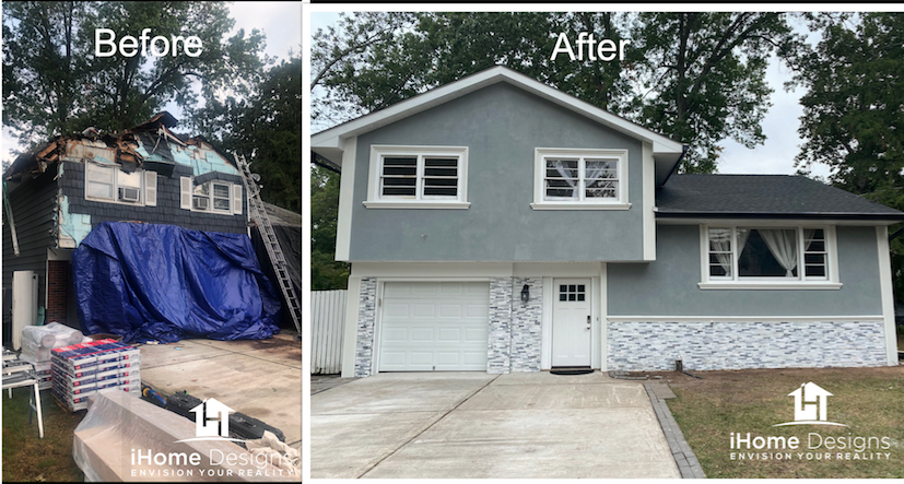After — fully restored home with new stucco, stone accents, and roof
