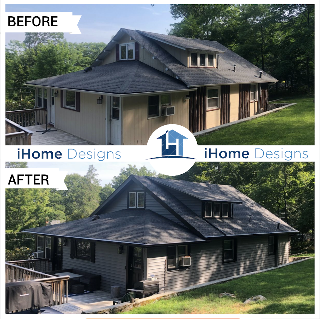 After — hillside home with new dark gray siding and black architectural roof