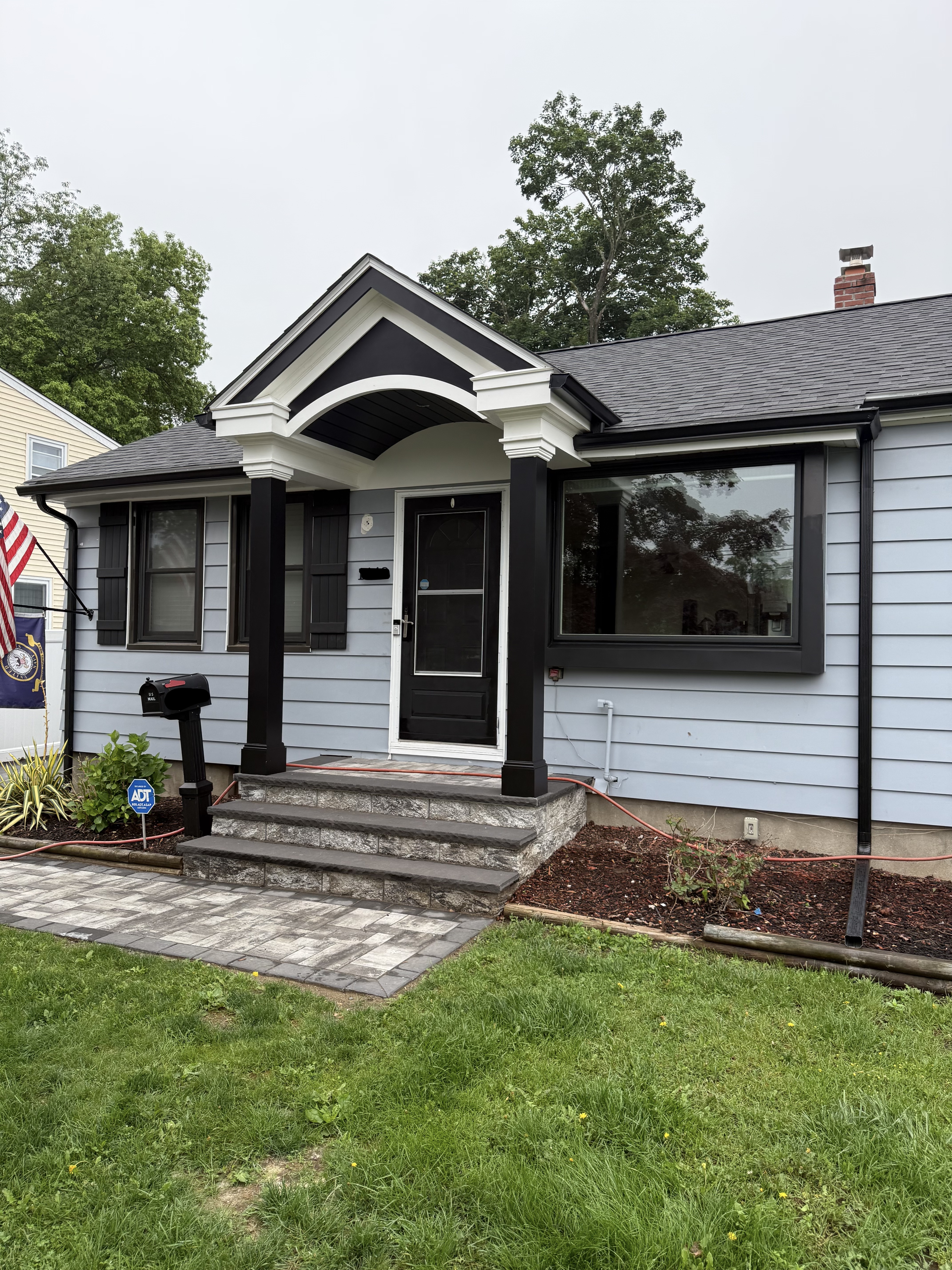 After: Custom portico and entry masonry work on ranch home in Pompton Lakes, NJ