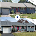 After — split-level with new gray siding, black roof, and red accent trim