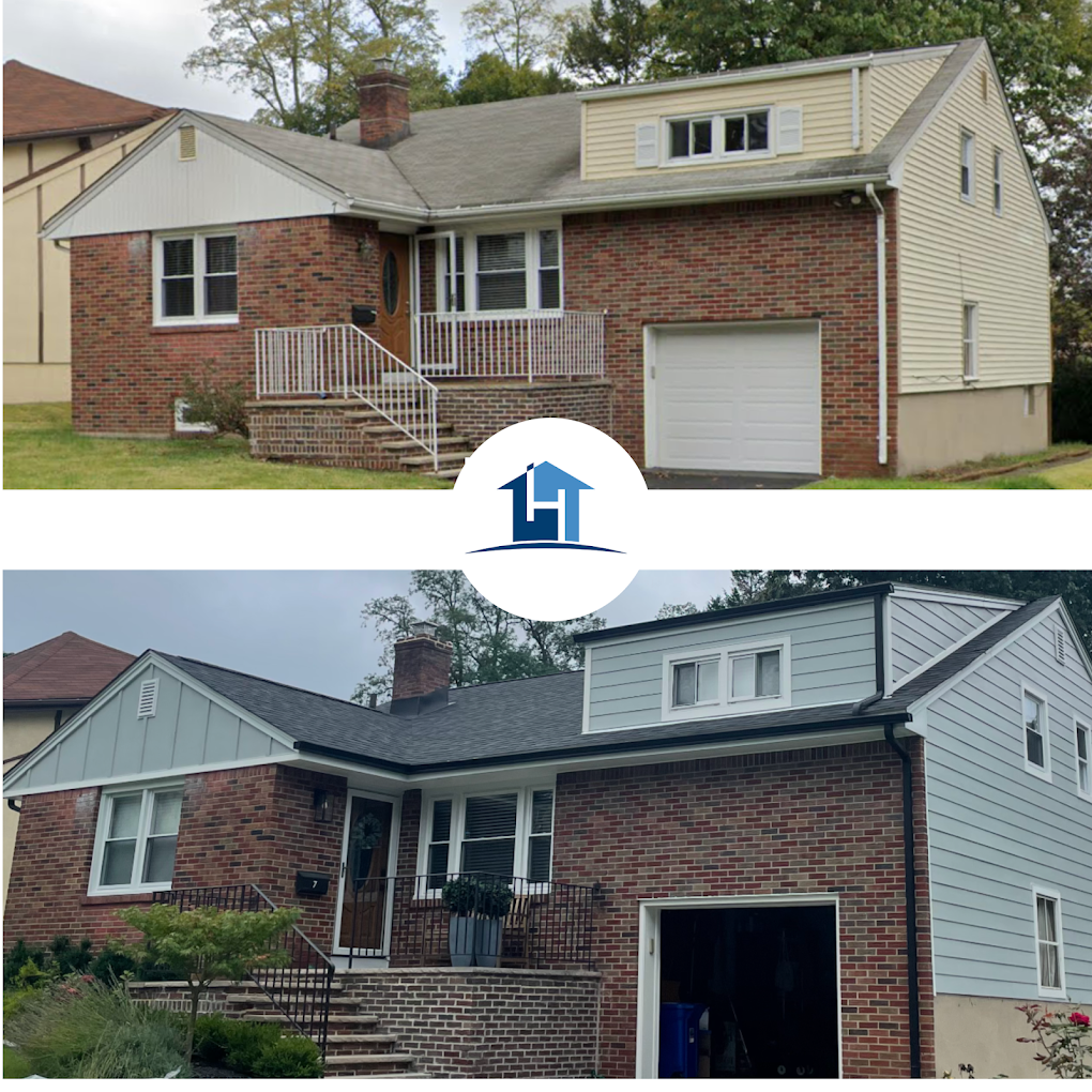 After — split-level with new light gray siding, black roof, and updated trim